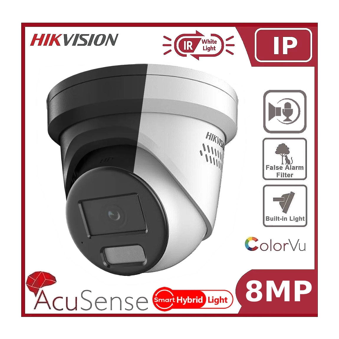 8MP Hikvision DS-2CD2387G2H-LISU/SL 4K Smart Hybrid ColorVu and IR Acusense Turret Camera, 2-Way Talk