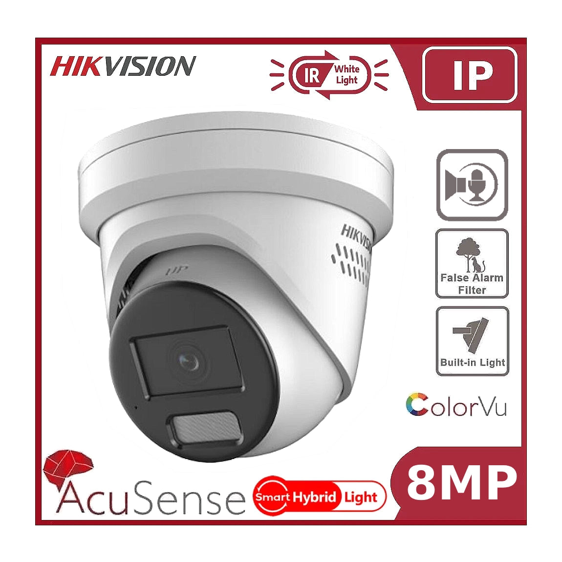 8MP Hikvision DS-2CD2387G2H-LISU/SL 4K Smart Hybrid ColorVu and IR Acusense Turret Camera, 2-Way Talk