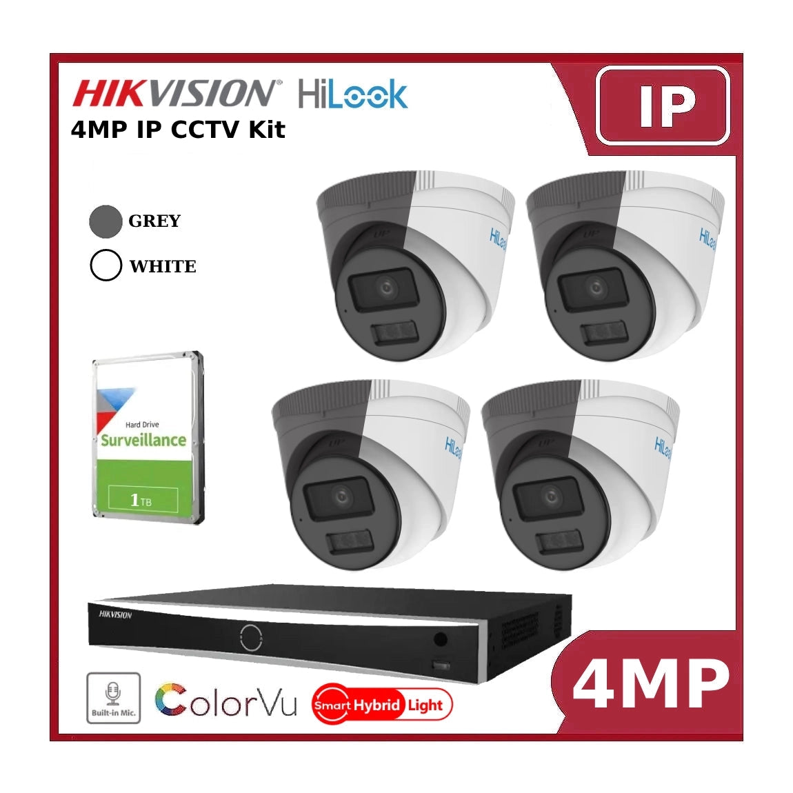 Hikvision HiLook All New 4MP IP Hybrid ColorVu Cameras 4CH Kit with 4CH Hikvision PoE NVR and 1TB HDD