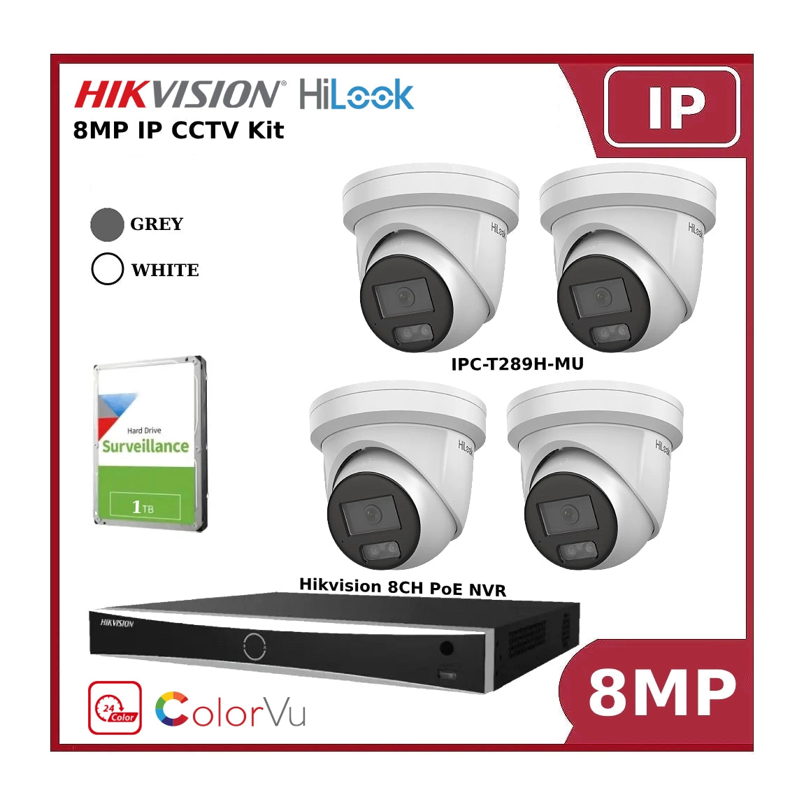 8MP 4K 4CH IP ColorVu Kit with 8CH Hikvision NVR, 8MP HiLook IP Turrets and 1TB HDD