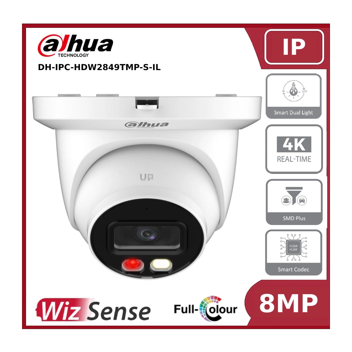 Dahua DH-IPC-HDW2849TMP-S-IL 4K 8MP WizSense, IR Warm Light, IP Eyeball Network Camera, White