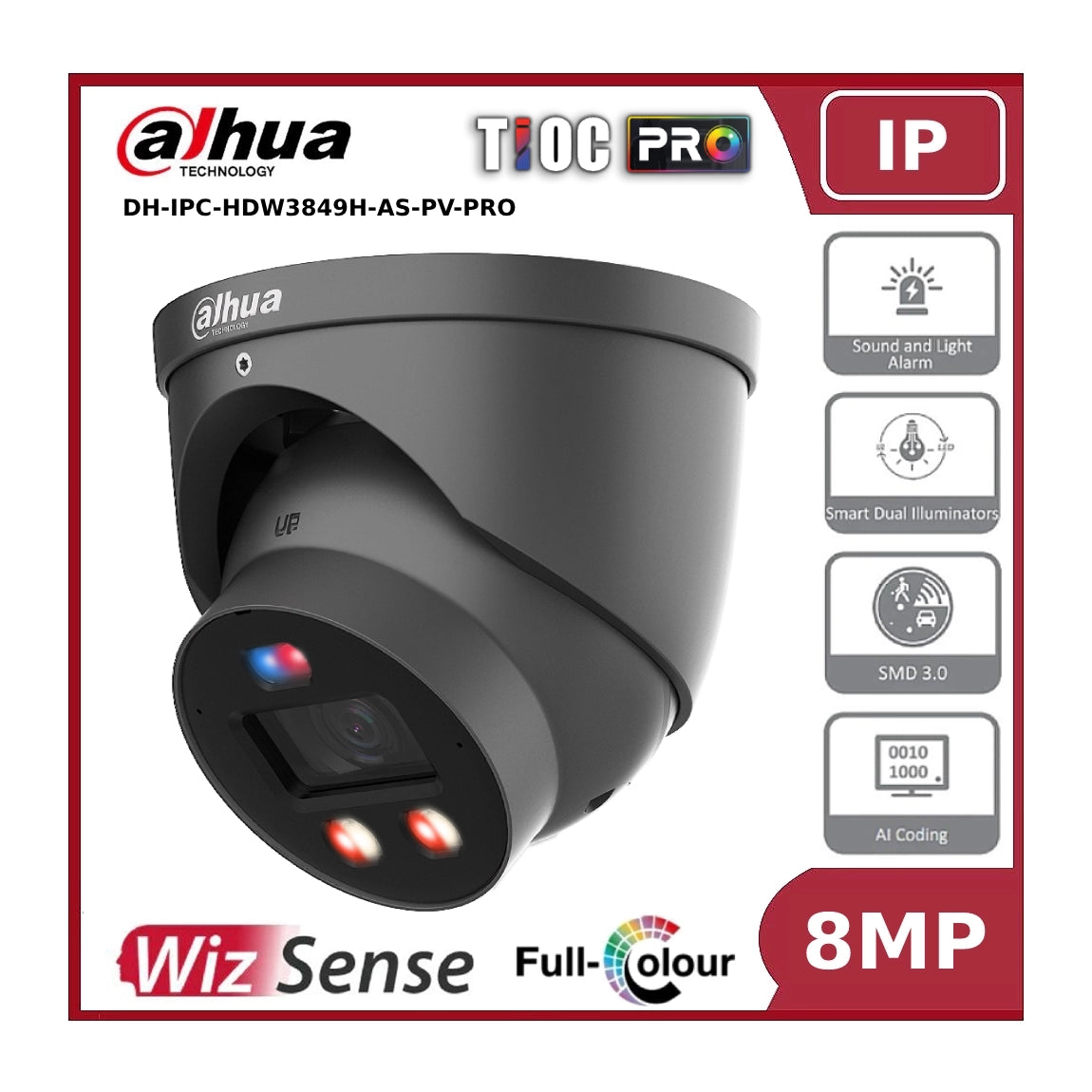Dahua IPC-HDW3849HP-AS-PV-PRO 8MP WizSense TiOC PRO Full Colour Fixed Eyeball IP Camera with Active Deterrence + 2 Way Talk