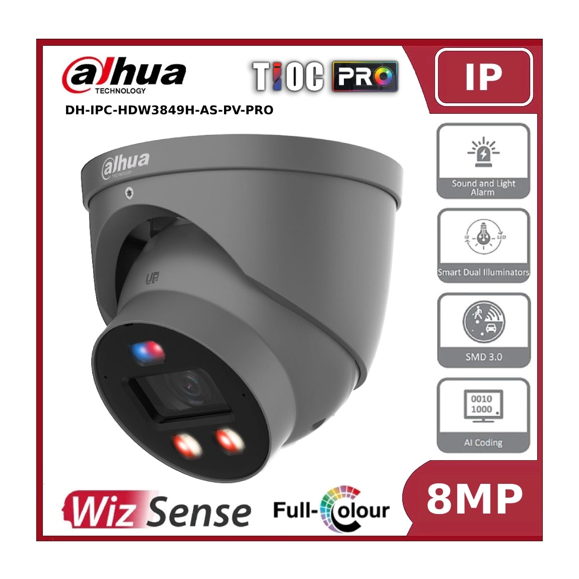 Dahua IPC-HDW3849HP-AS-PV-PRO 8MP WizSense TiOC PRO Full Colour Fixed Eyeball IP Camera with Active Deterrence + 2 Way Talk