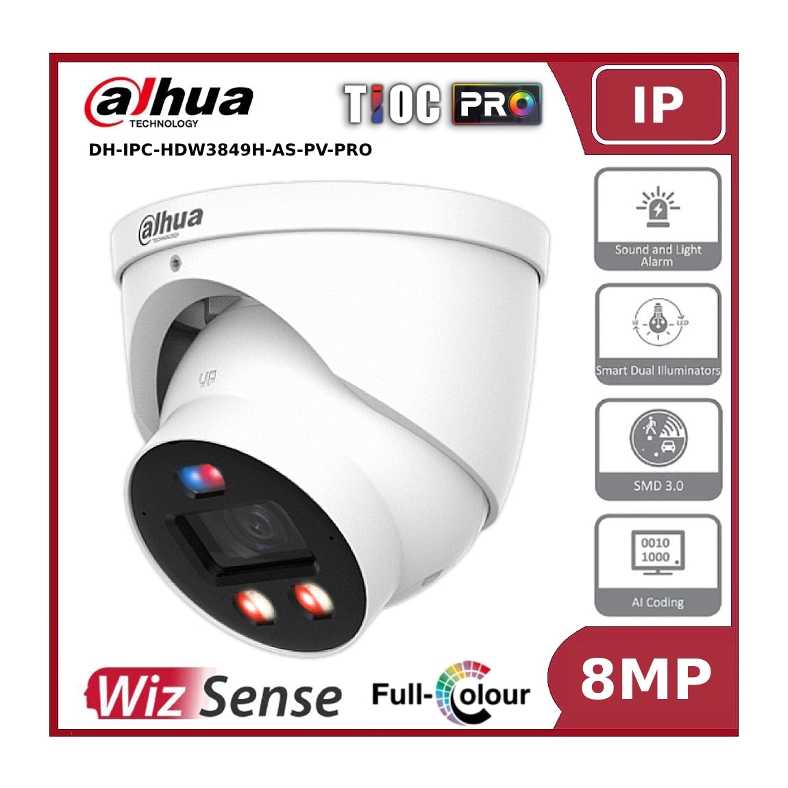 Dahua IPC-HDW3849HP-AS-PV-PRO 8MP WizSense TiOC PRO Full Colour Fixed Eyeball IP Camera with Active Deterrence + 2 Way Talk