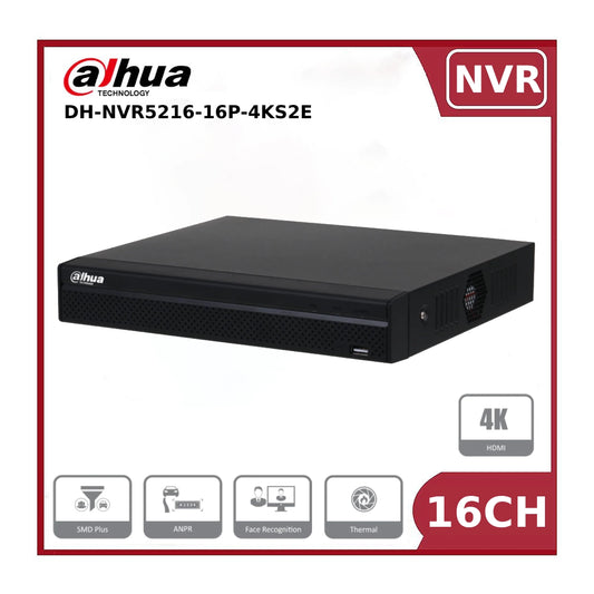 16 Channel Dahua DHI-NVR5216-16P-4KS2E 16 Channel 1U 2HDDs 16PoE 4K & H.265 Pro Network Video Recorder