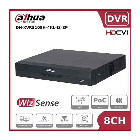 8 Channels Dahua XVR5108HS-4KL-I3-8P WizSense 4K-Lite PoC Penta-brid 1HDD Hybrid DVR