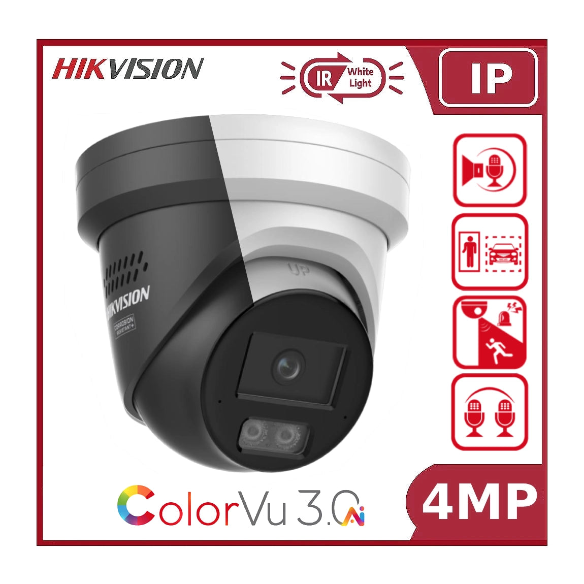 4MP Hikvision DS-2CD2347G3-LIS2UY/SL Smart Hybrid ColorVu 3.0 Acusense Turret Camera, 2-Way Talk