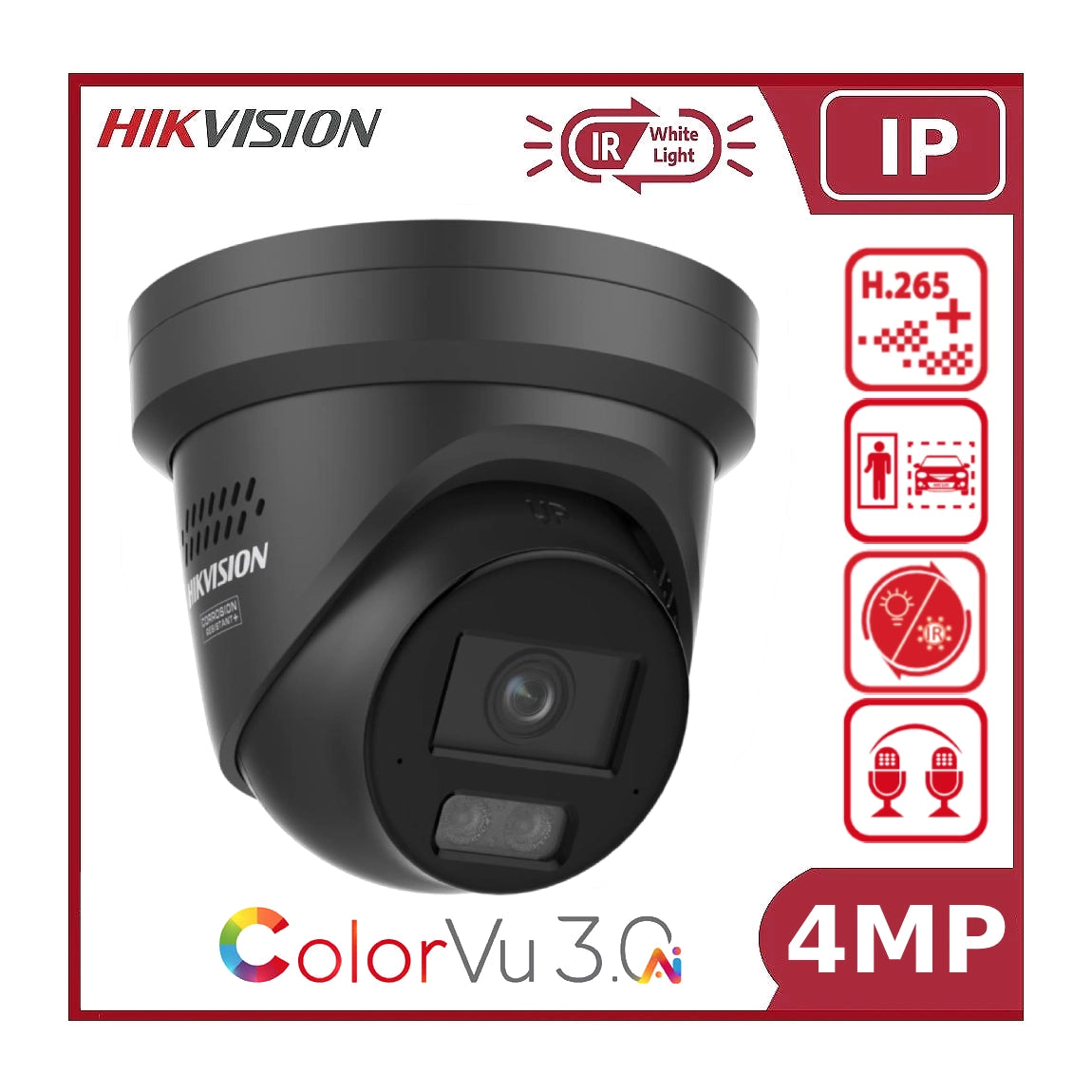 4MP Hikvision DS-2CD2347G3-LIS2UY/SL Smart Hybrid ColorVu 3.0 Acusense Turret Camera, 2-Way Talk
