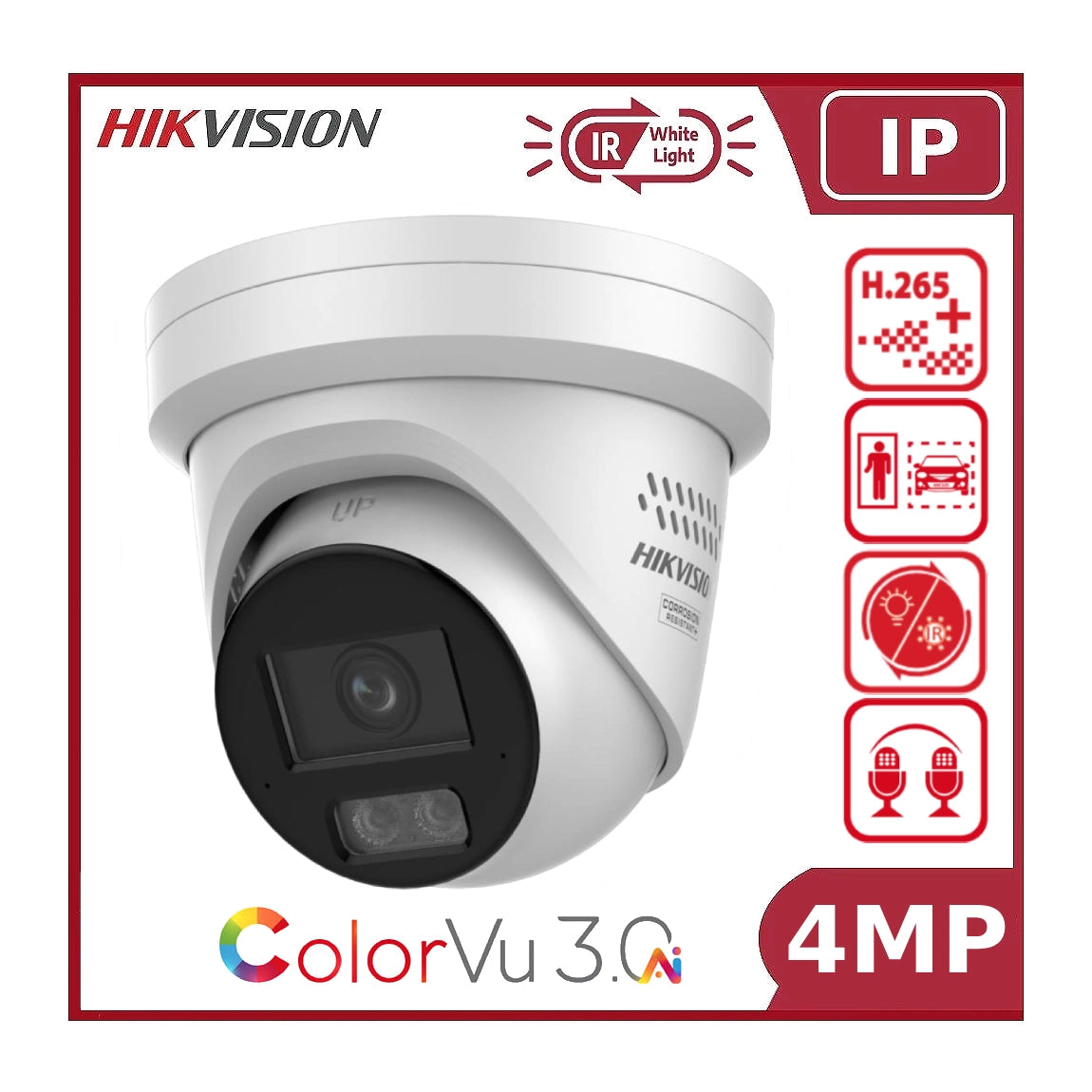4MP Hikvision DS-2CD2347G3-LIS2UY/SL Smart Hybrid ColorVu 3.0 Acusense Turret Camera, 2-Way Talk