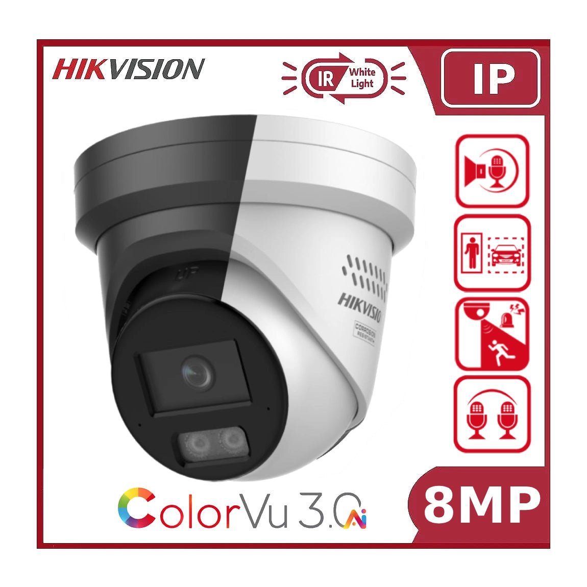 8MP Hikvision DS-2CD2387G3-LIS2UY/SL 4K Smart Hybrid ColorVu 3.0 Acusense Turret Camera, 2-Way Talk