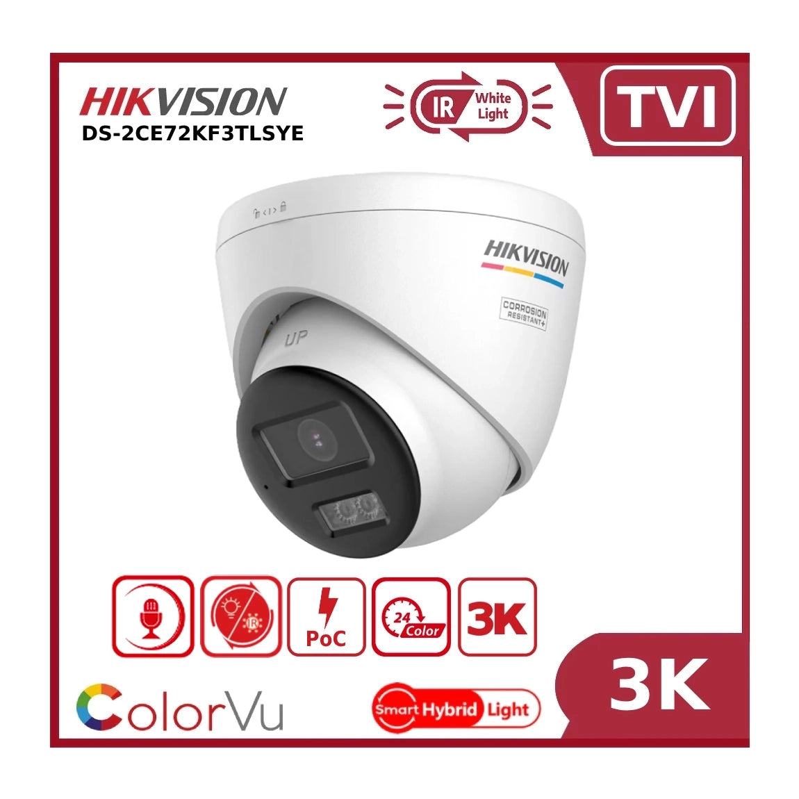 Hikvision DS-2CE72KF3T-LSYE 3K PoC Smart Hybrid Light ColorVu Fixed Turret Camera with AoC Built in Mic