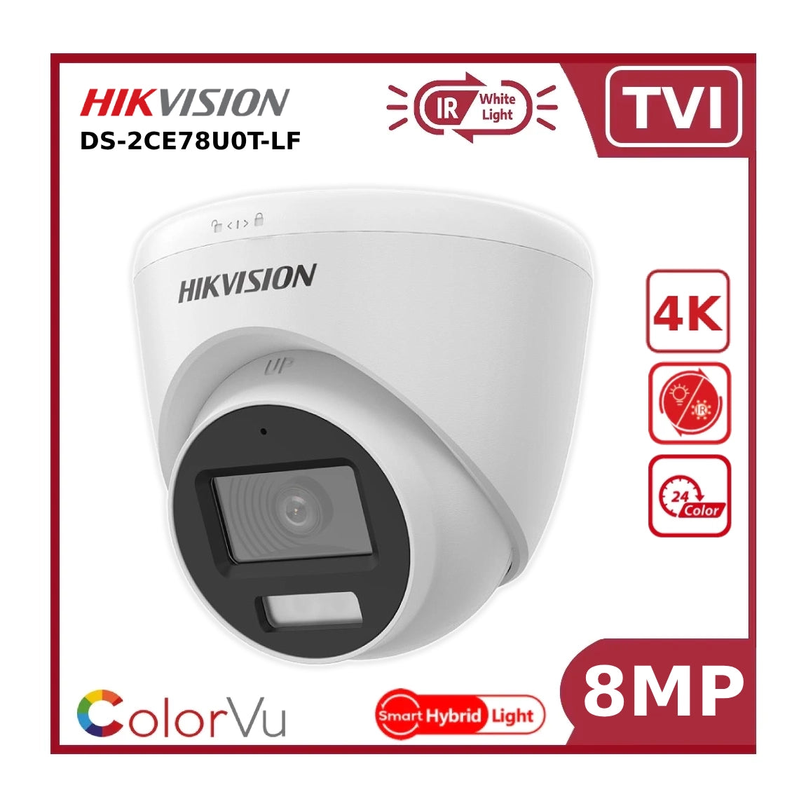 Hikvision 8MP DS‑2CE78U0T‑LF Smart Hybrid Light ColorVu + IR Fixed Lens TVI Turret Camera 20M White Light + 40M IR - White