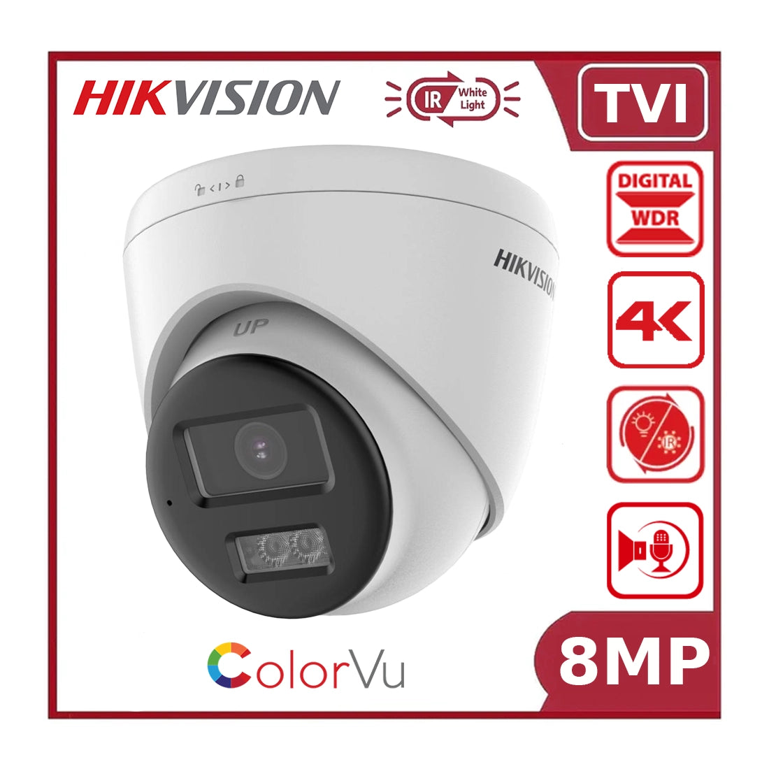 Hikvision DS-2CE78U0T-LTS 8MP Smart Hybrid Light ColorVu + IR TVI CCTV Turret Camera with Two Way Audio
