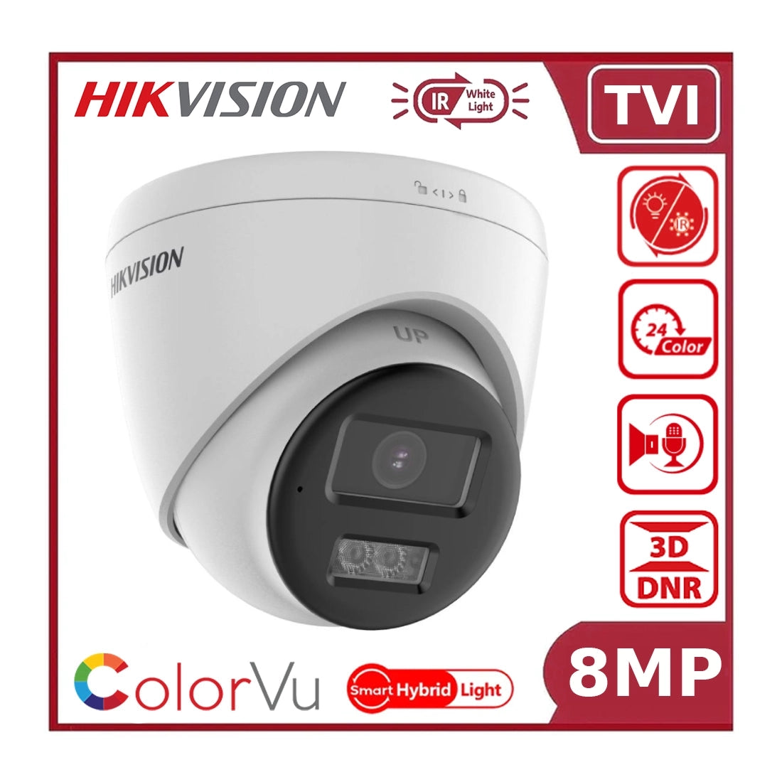 Hikvision DS-2CE78U0T-LTS 8MP Smart Hybrid Light ColorVu + IR TVI CCTV Turret Camera with Two Way Audio