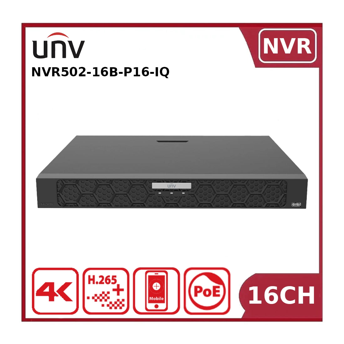 Uniview NVR502-16B-P16-IQ 16-Channel PoE NVR, 16MP, Dual-HDD, AI-Enhanced