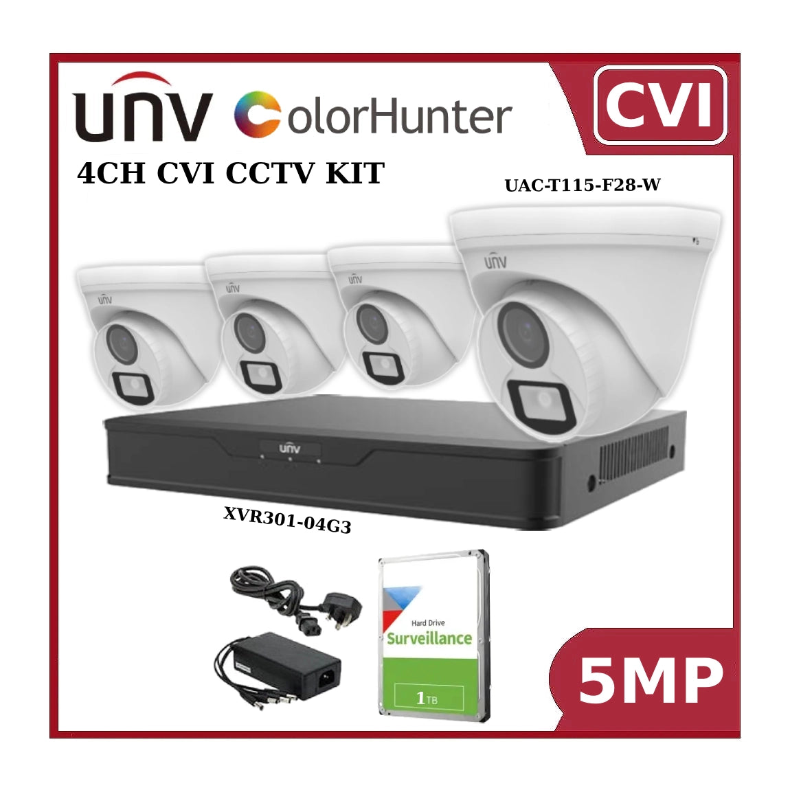UNV 5MP 24Hr Colour CVI CCTV Kit with 4CH DVR + 4 x UAC-T115-F28-W ColourHunter Turret Cameras + 1TB HDD + PSU