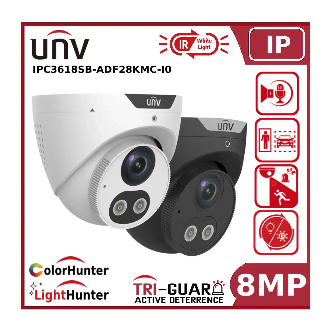 Uniview IPC3618SB-ADF28KMC-I0 8MP 4K IP Eyeball CCTV Camera – Tri-Guard with Light & Audible Warning, POE, AI