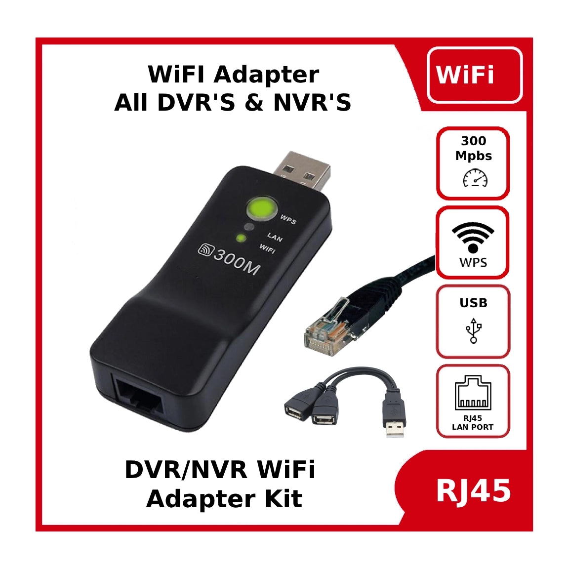 DVR NVR WiFi Adapter Kit Wi-Fi Bridge Adapter with USB Splitter Lead and Patch Lead Bundle - Works with All DVR and NVR