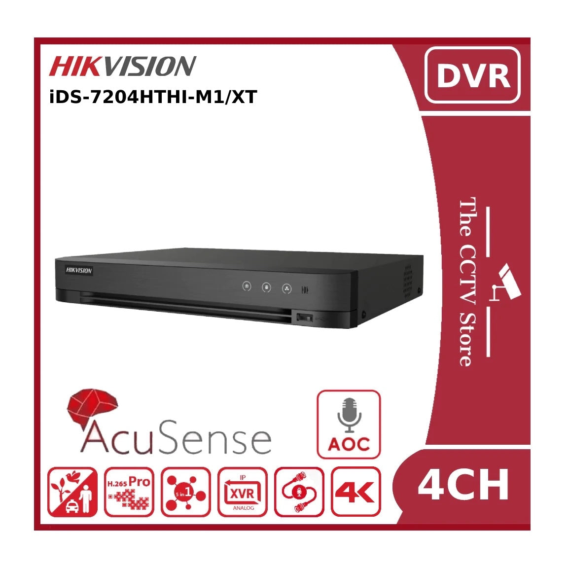 Hikvision iDS-7204HTHI-M1/XT 8MP TVI 4 Channel AcuSense AoC Turbo HD Hybrid DVR With TVI Two-Way Audio Technology Support