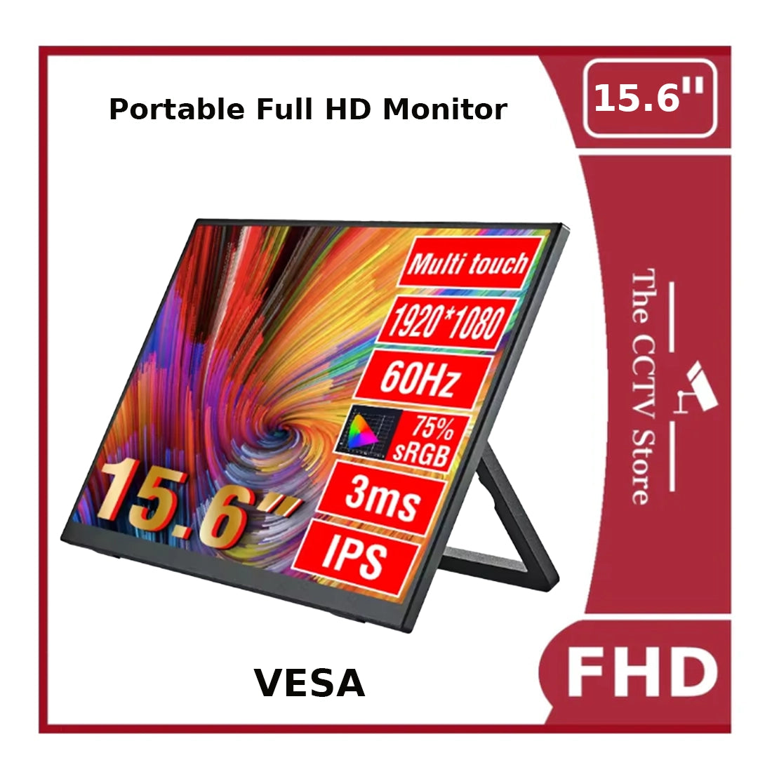 15.6-Inch Portable Full HD Monitor 1080P HDR 16:9 VESA Mountable and 5V USB Powered USB-C / HDMI