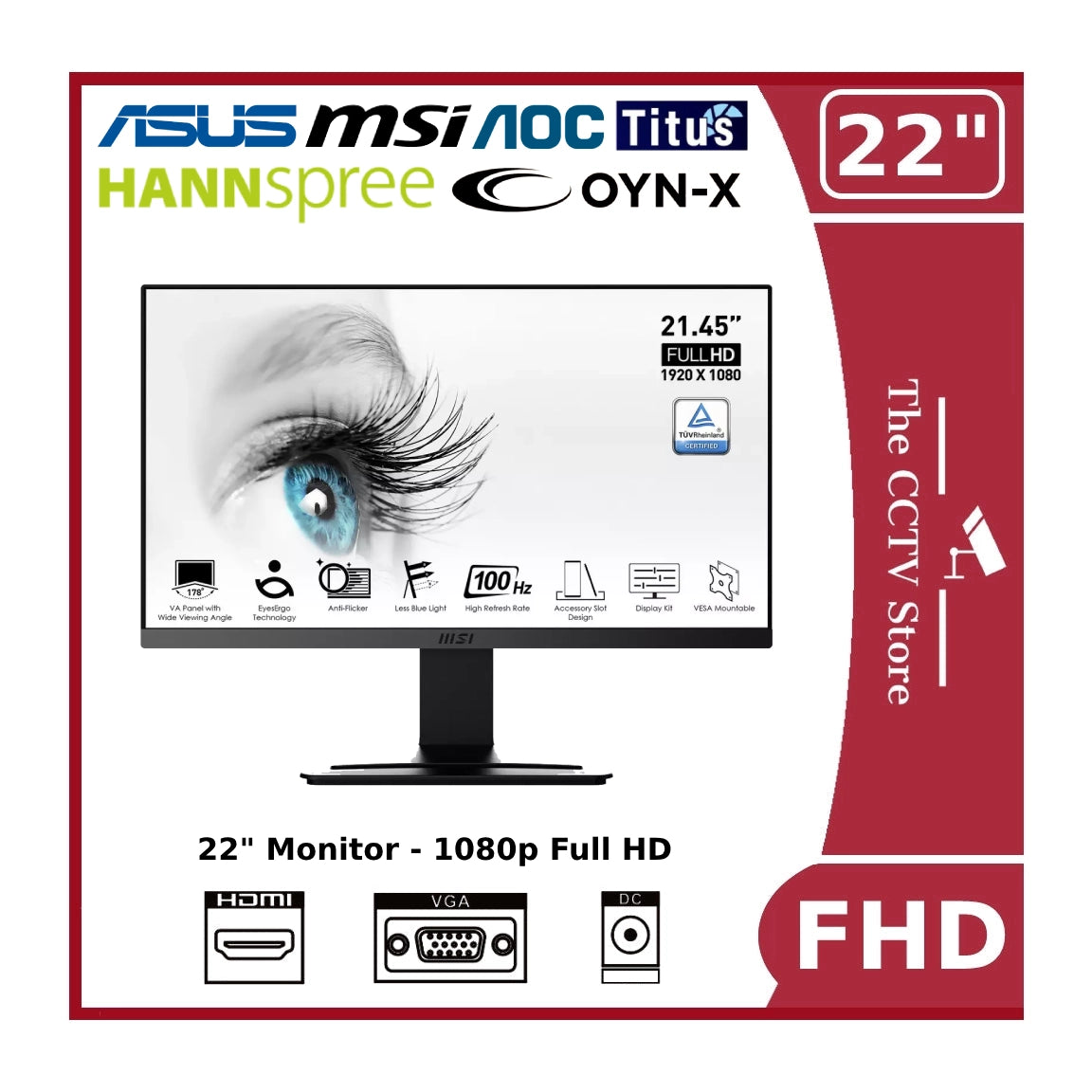 22" Monitor - 1080P Full HD Monitor - HDMI & VGA (21.45" ±)