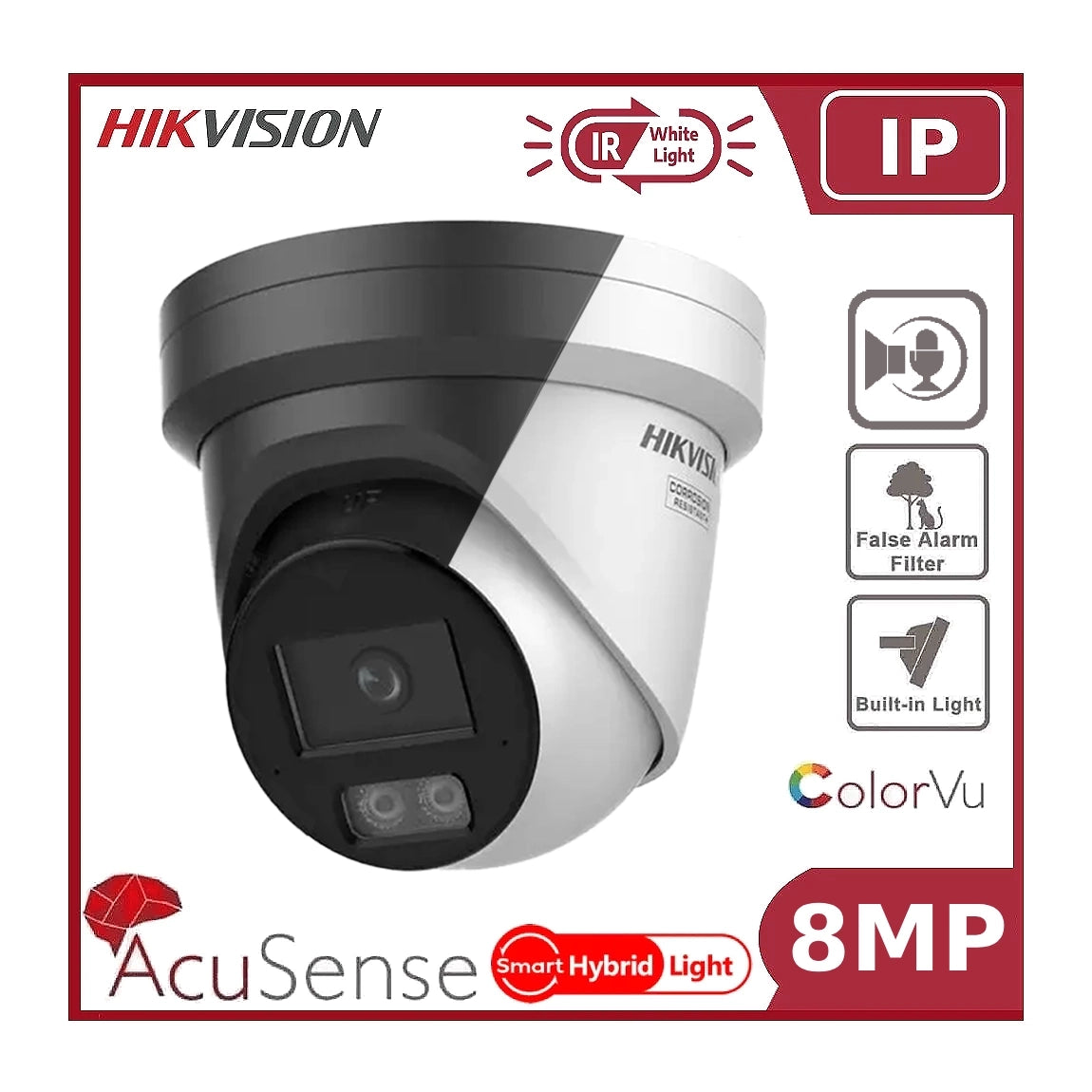 8MP Hikvision DS-2CD2387G2H-LISU/SL 4K Smart Hybrid ColorVu and IR Acusense Turret Camera, 2-Way Talk