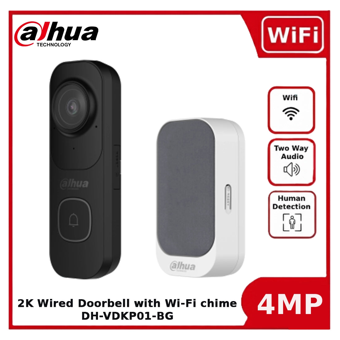 Dahua DH-VDKP01-BG 2K Wired Video Doorbell with Wi-Fi Chime, Two-Way Audio & Motion Detection