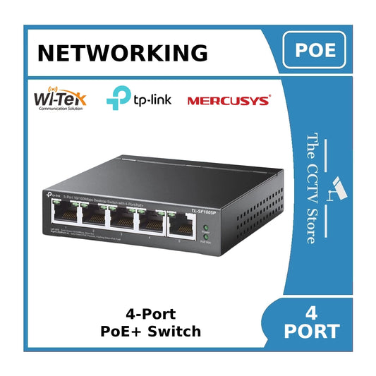 4 Port POE Switch for IP CCTV Cameras - Wi-Tek / Mercusys / TP-Link - Minimum PoE Budget 40W - PoE+ up to 250m