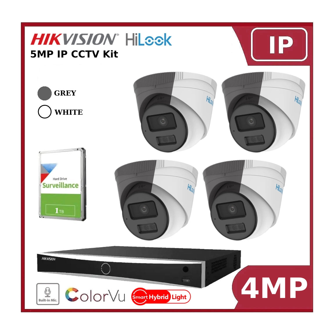 Hikvision HiLook All New 4MP IP Hybrid ColorVu Cameras 4CH Kit with 4CH Hikvision PoE NVR and 1TB HDD