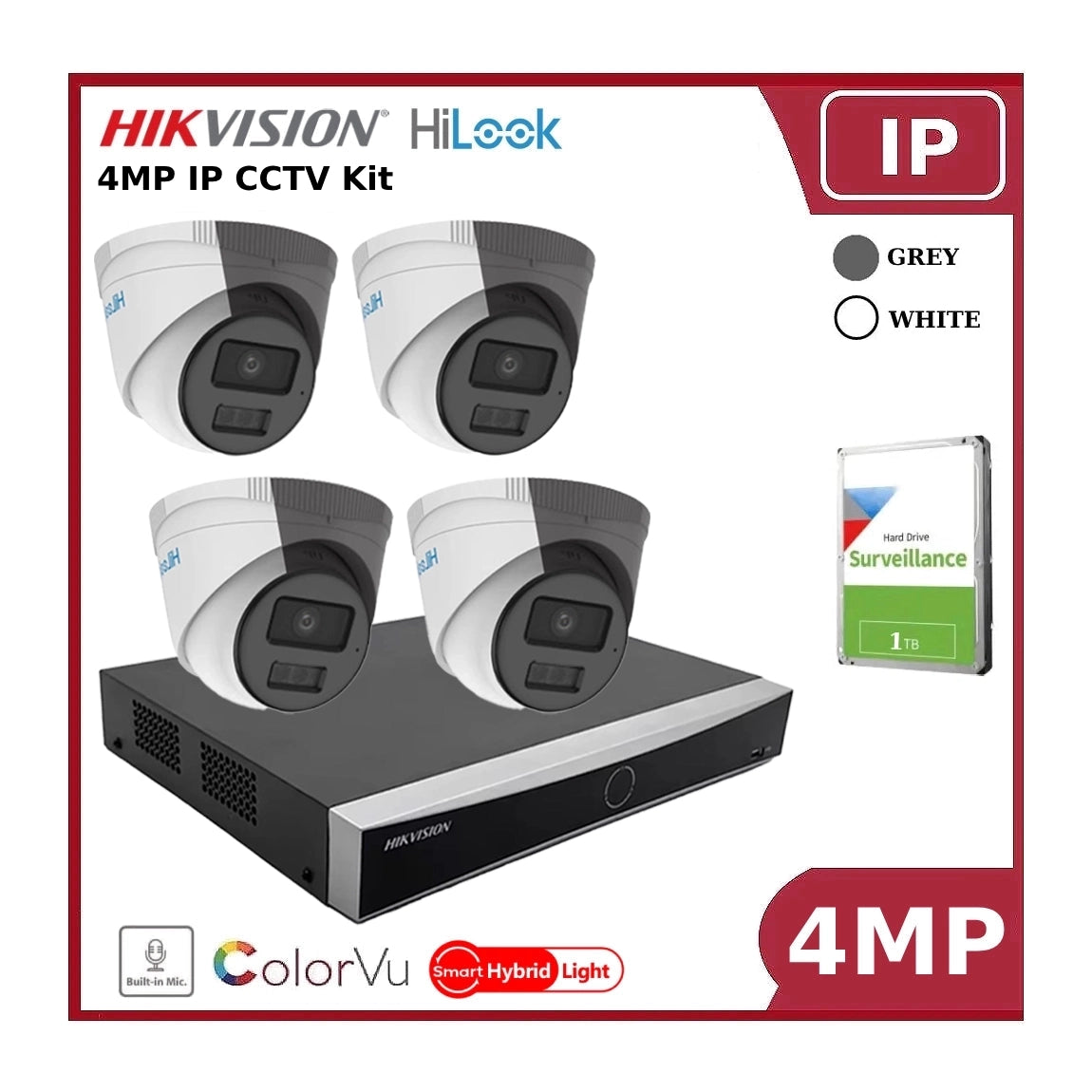 Hikvision HiLook All New 4MP IP Hybrid ColorVu Cameras 4CH Kit with 4CH Hikvision PoE NVR and 1TB HDD