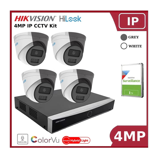 Hikvision HiLook All New 4MP IP Hybrid ColorVu Cameras 4CH Kit with 4CH Hikvision PoE NVR and 1TB HDD
