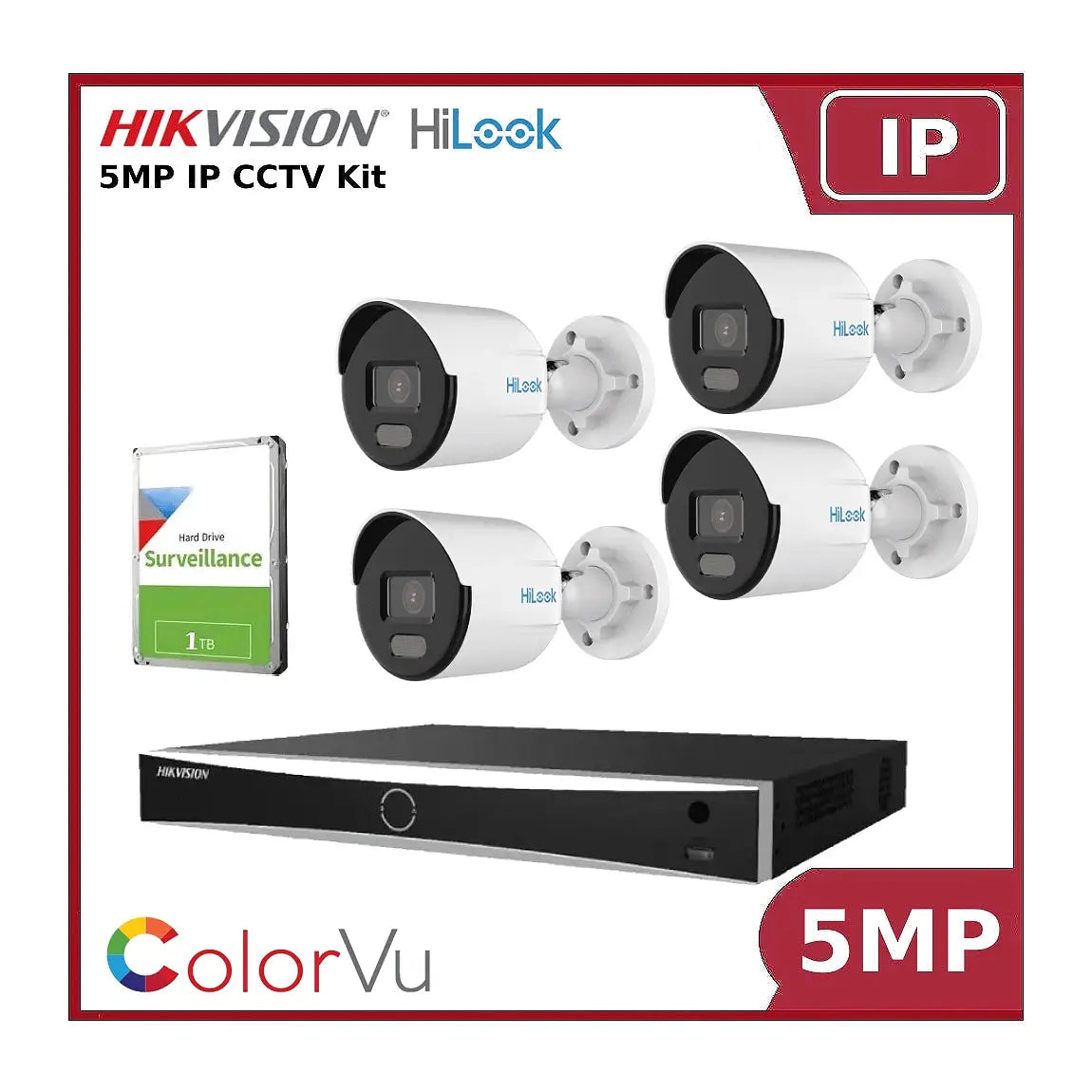 Hikvision HiLook 5MP 4CH IP ColorVu CCTV Kit with 4CH Hikvision NVR and 1TB HDD - Bullet