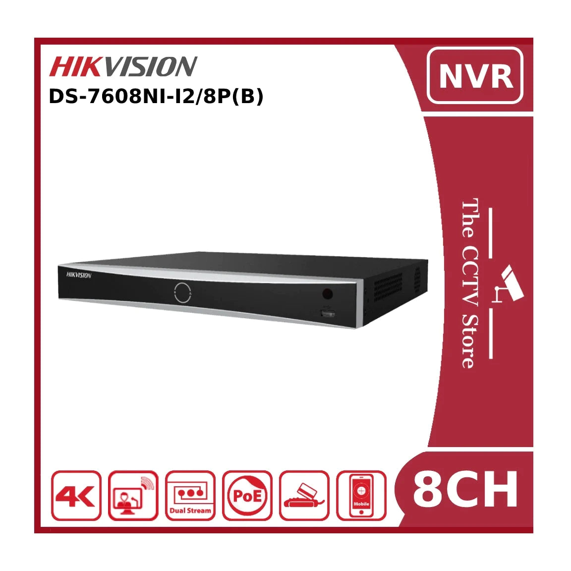 Hikvision DS-7608NI-I2/8P(B) 12MP PoE 8 Channel NVR With 2HDD Bays & 8PoE Ports