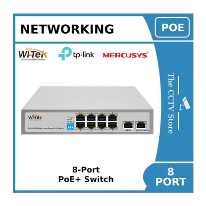 8 Port POE Switch for IP CCTV Cameras - Wi-Tek / Mercusys / TP-Link - Minimum PoE Budget 60W - PoE+ up to 250m