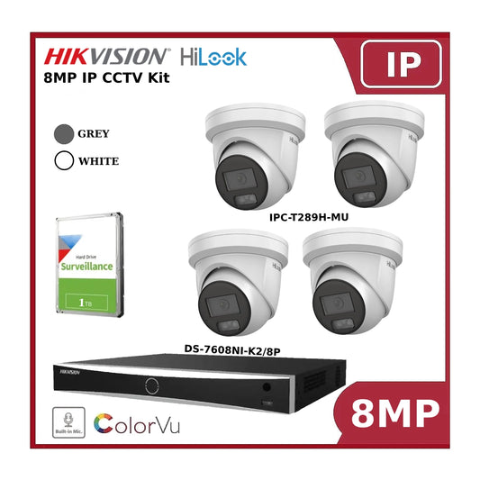 Hikvision 8MP 4K 4CH IP ColorVu Kit with 8CH Hikvision NVR, 8MP HiLook IP Turrets and 1TB HDD