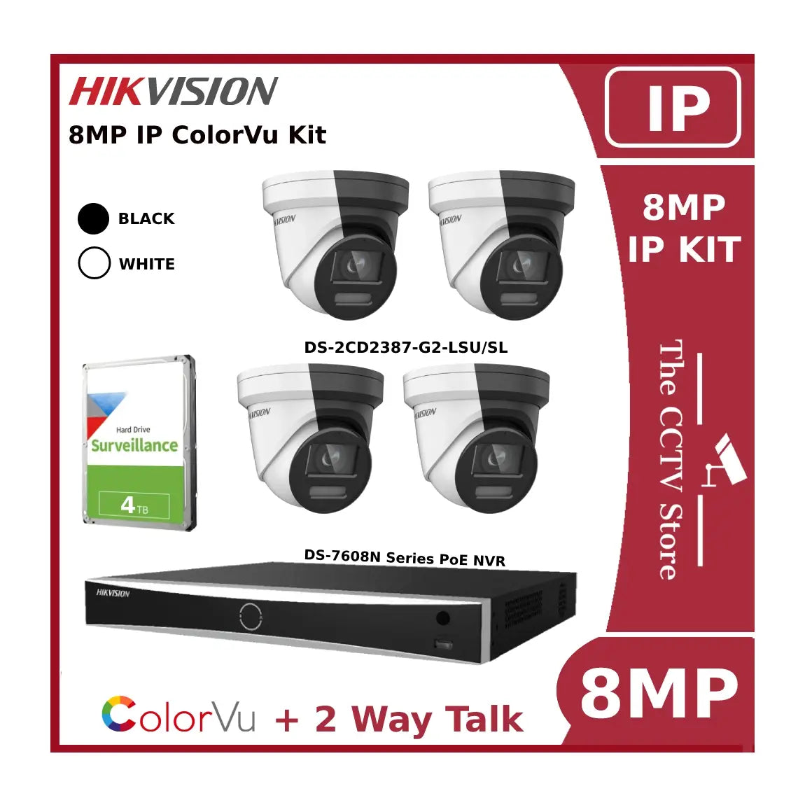 Hikvision 8MP 4CH IP ColorVu Kit with 8CH AcuSense NVR and 4TB HDD