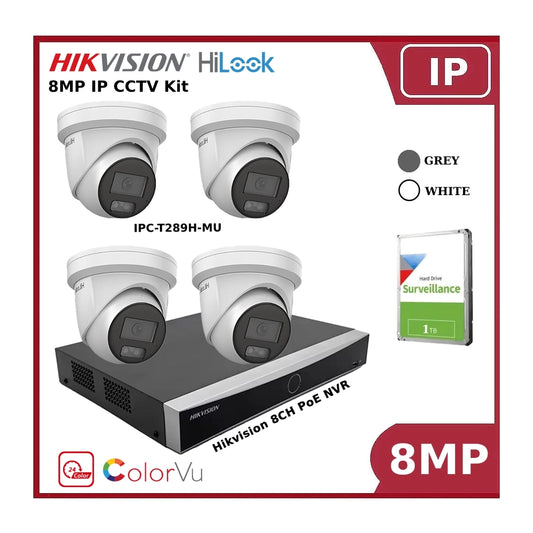 Hikvision 8MP 4K 4CH IP ColorVu Kit with 8CH Hikvision NVR, 8MP HiLook IP Turrets and 1TB HDD