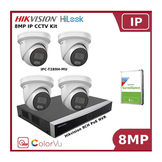 Hikvision 8MP 4K 4CH IP ColorVu Kit with 8CH Hikvision NVR, 8MP HiLook IP Turrets and 1TB HDD