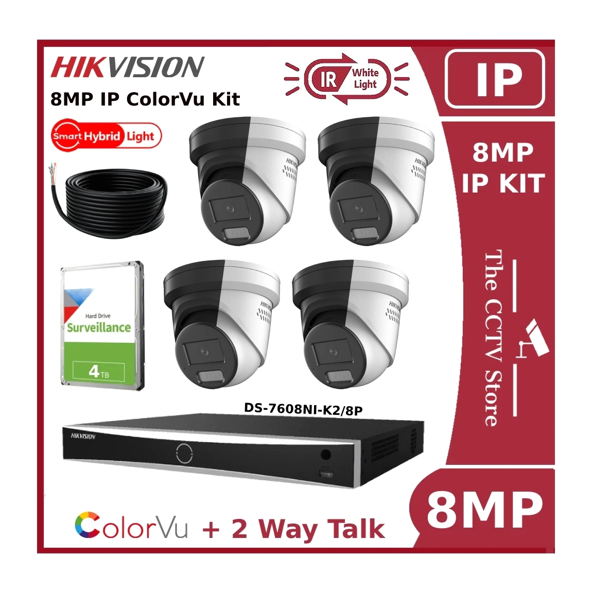 Hikvision 4CH 4K Hybrid ColorVu + IR IP CCTV Kit - 8MP 4K Cameras DS-2CD2387G2H-LISU/SL with 8CH NVR and 4TB HDD - Offer