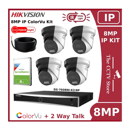 Hikvision 4CH 4K Hybrid ColorVu + IR IP CCTV Kit - 8MP 4K Cameras DS-2CD2387G2H-LISU/SL with 8CH NVR and 4TB HDD - Offer