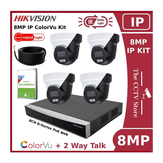 Hikvision 4CH 4K Hybrid ColorVu + IR IP CCTV Kit - 8MP 4K Cameras DS-2CD2387G2H-LISU/SL with 8CH NVR and 4TB HDD - Offer