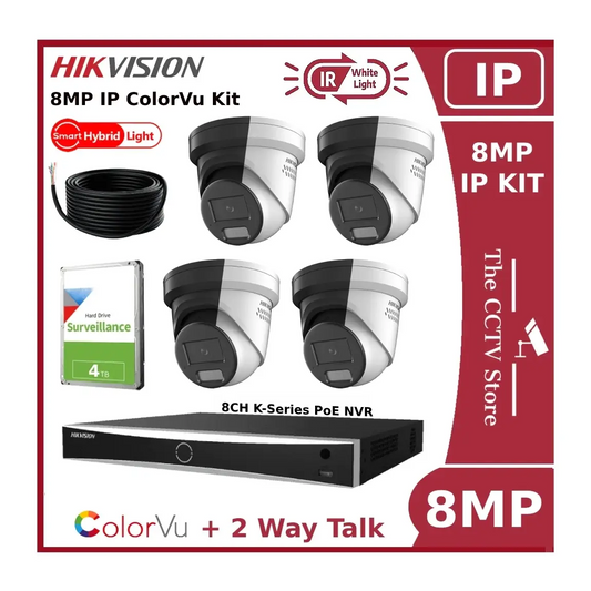 Hikvision 4CH 4K Hybrid ColorVu + IR IP CCTV Kit - 8MP 4K Cameras DS-2CD2387G2H-LISU/SL with 8CH NVR and 4TB HDD - Offer