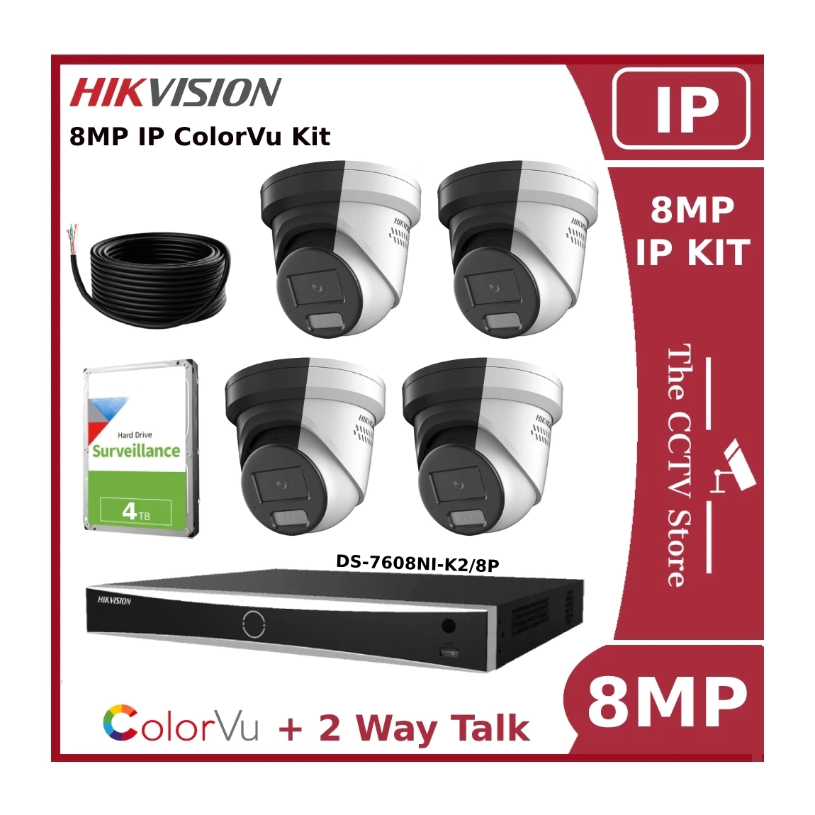 Hikvision 4CH 4K Hybrid ColorVu + IR IP CCTV Kit - 8MP 4K Cameras DS-2CD2387G2H-LISU/SL with 8CH NVR and 4TB HDD - Offer