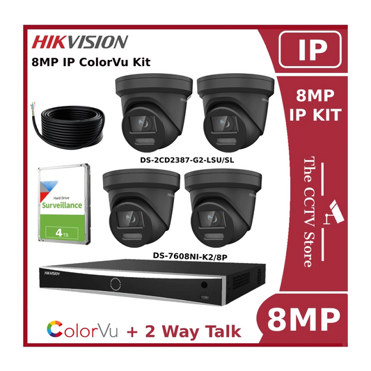 Hikvision 4CH 4K ColorVu IP CCTV Kit - 8MP 4K Cameras DS-2CD2387G2-LSU/SL Black with 8CH NVR and 4TB HDD - Offer