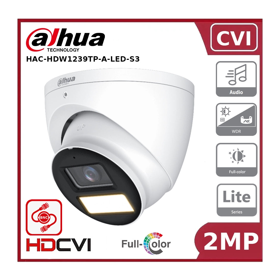 Dahua DH-HAC-HDW1239TP-A-LED-S3 - 2MP Full-Color HDCVI Fixed-Focal Eyeball Camera