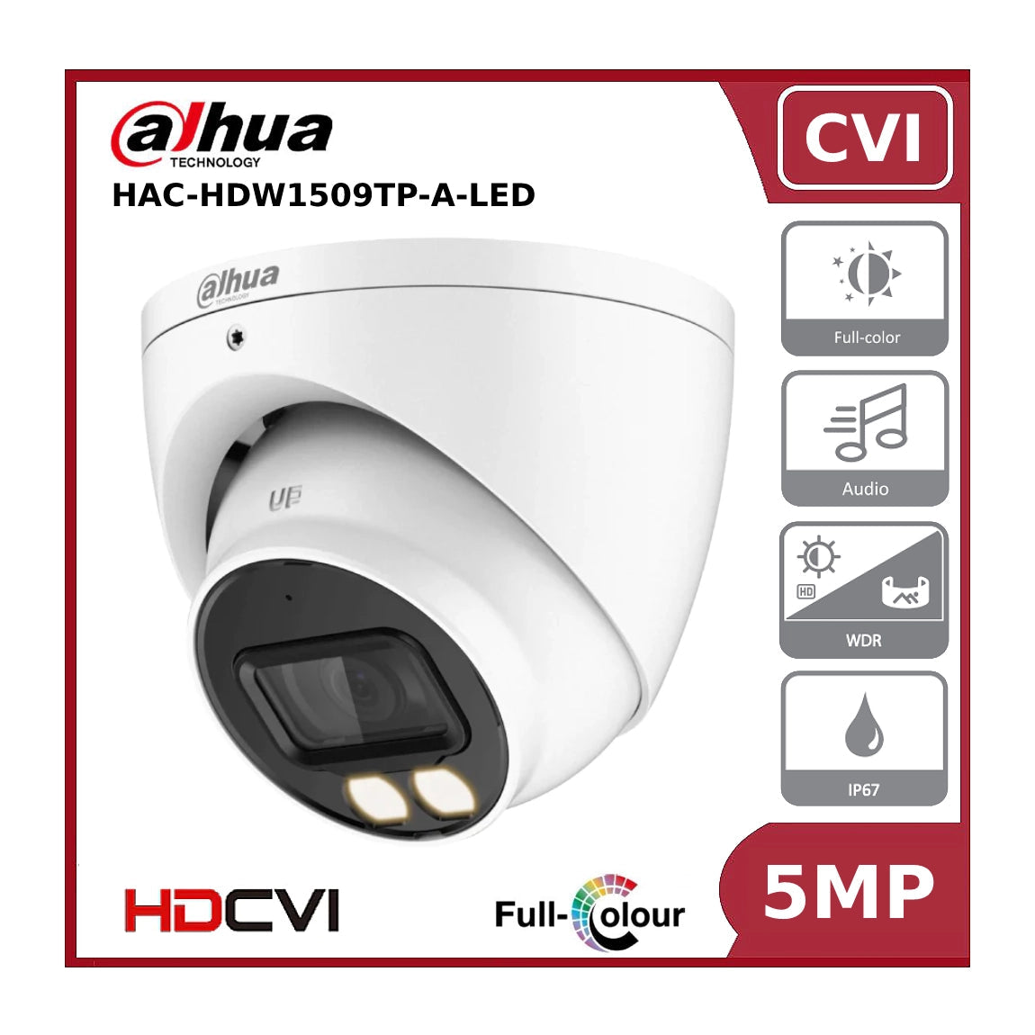 5MP Dahua DH-HAC-HDW1509TP-A-LED 5MP Full-Colour HDCVI Eyeball Camera