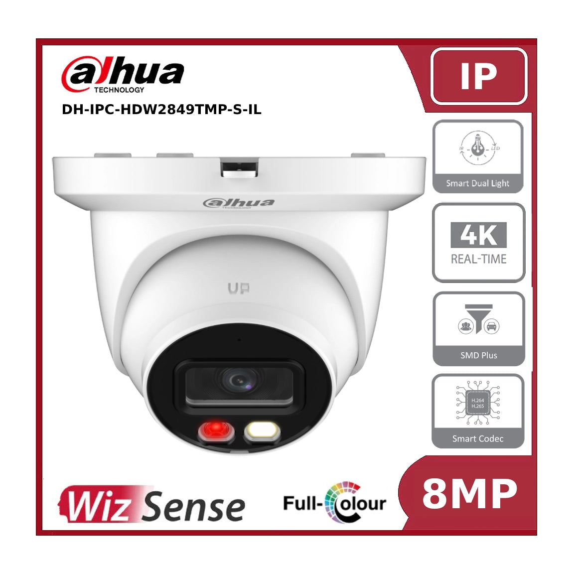 8MP Dahua DH-IPC-HDW2849TMP-S-IL 4K WizSense, IR Warm Light, 2.8mm, IP Eyeball Network Camera, White