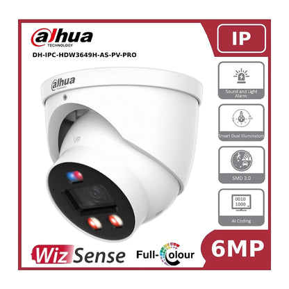 Dahua IPC-HDW3649HP-AS-PV-PRO 6MP TiOC PRO Fixed IP Turret Camera with Smart Dual Illuminator, Active Deterrence and Built in Mic