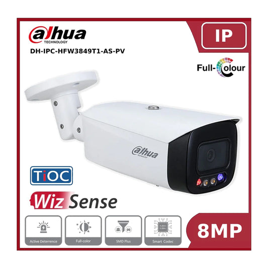 8MP Dahua IPC-HFW3849T1-AS-PV WizSense, TiOC IP67 8MP Fixed Lens, 30M Active Deterrence IP Bullet Camera, White
