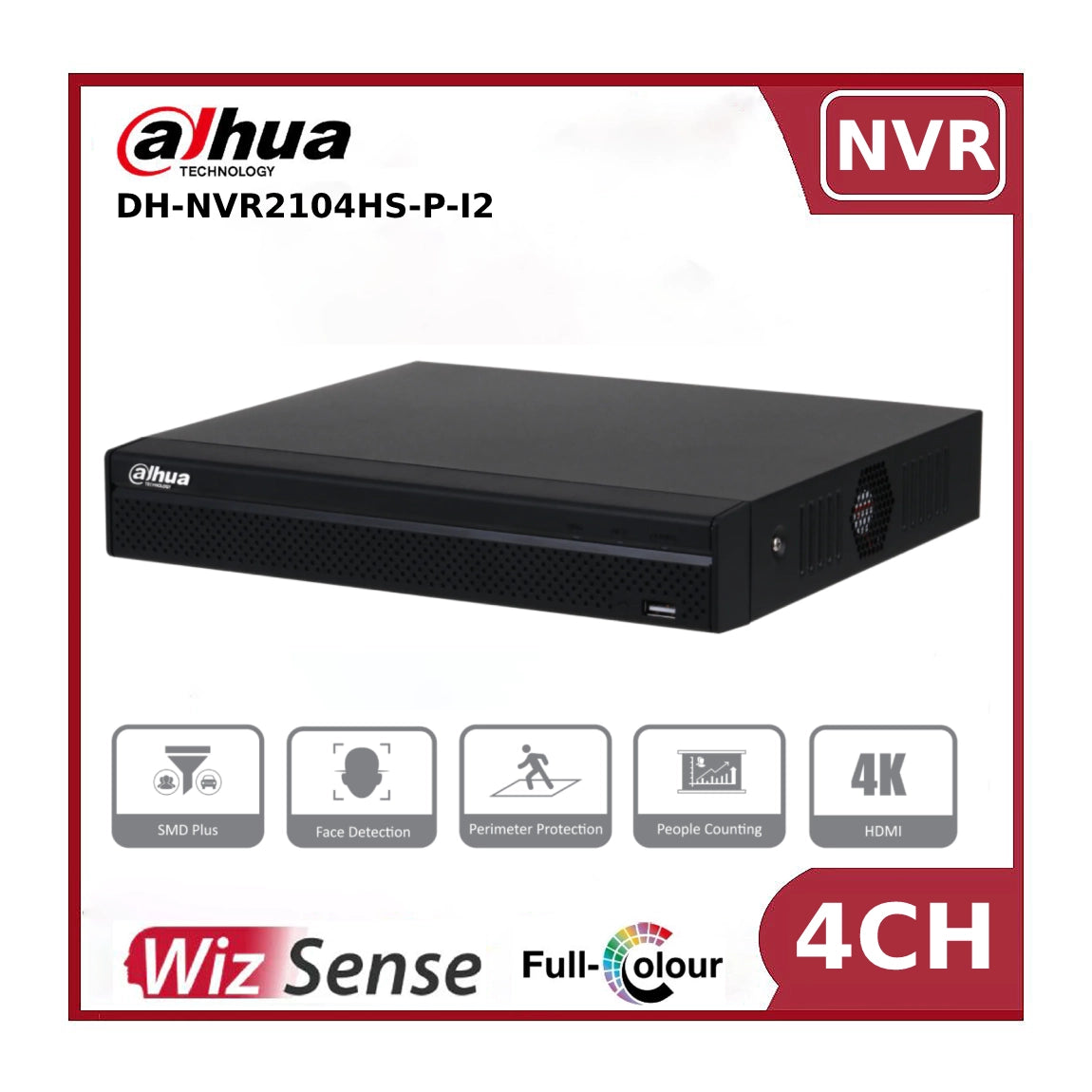 4 Channel Dahua NVR2104HS-P-I2 4 Channel 4K Compact 4 PoE WizSense AI Network Video Recorder